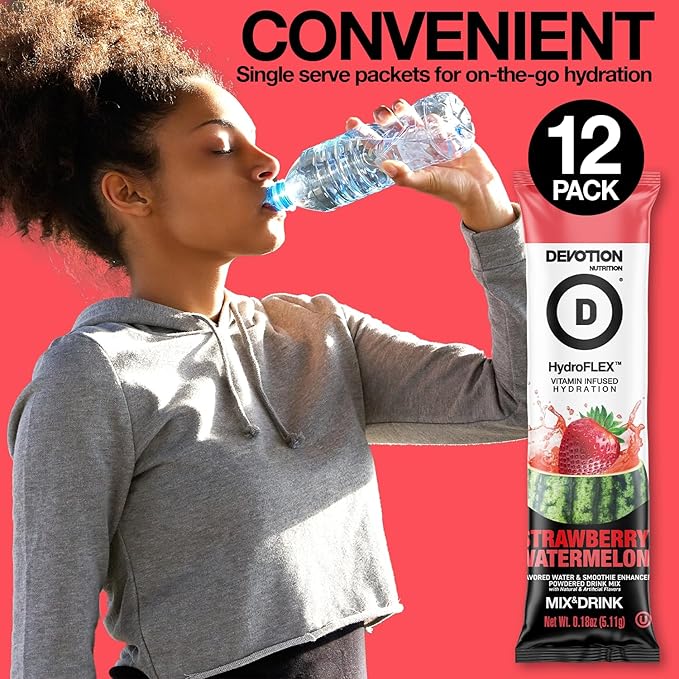 Devotion Nutrition HydroFLEX Water Flavoring Packets ??Sugar-Free Hydration with Vitamins & Electrolytes ??Dye-Free, Gluten-Free (Strawberry Watermelon) 12-Pack Drink Mix