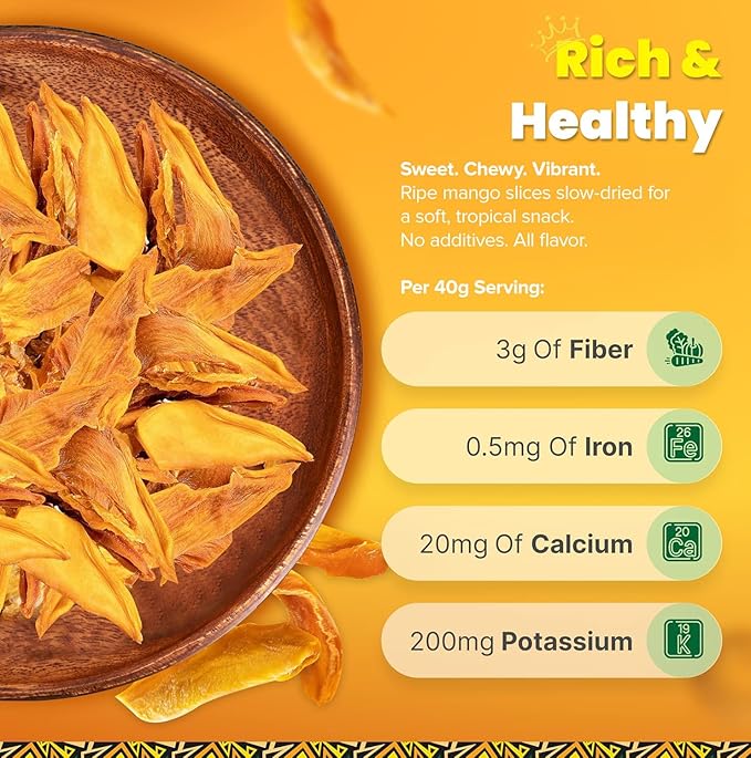 Organic Dried Mango No Sugar Added, 3oz, Pack of 2 (6oz Total) - Delicious and Nutritious Non-GMO Dried Mangoes - No Preservatives or Chemicals - Perfect Snack for Kids & Adults by Tropicaux Reign