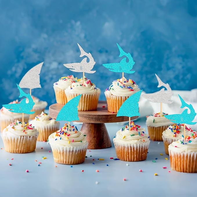24 PCS Glitter Shark Cupcake Toppers Ocean Themed Party Shark Cake Decor Baby Shower Birthday Party Decorations