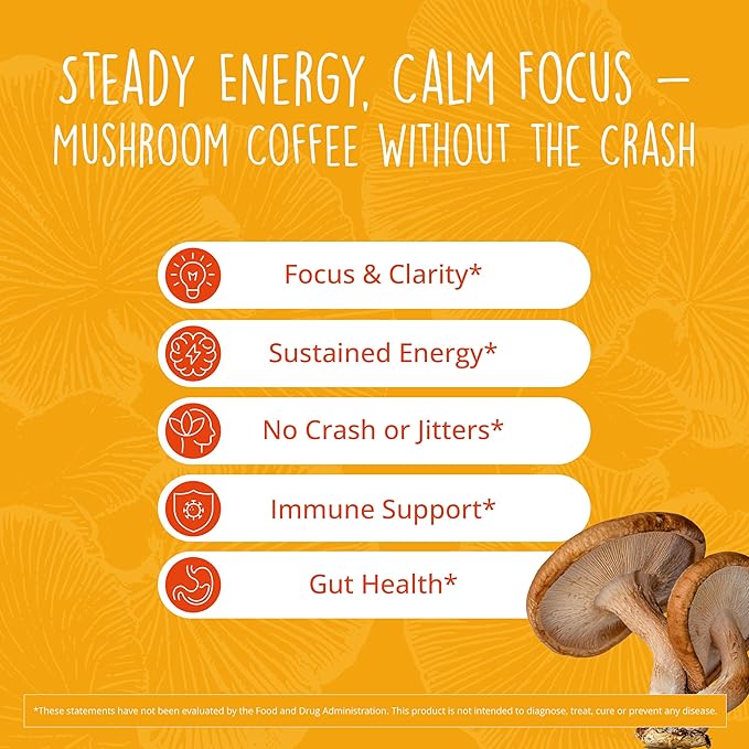 Mushroom Coffee with 125mg Caffeine ??Lion?™s Mane, Cordyceps, Reishi & Chaga | Adaptogen Nootropic Instant Mushroom Coffee for Energy & Focus | Medium-Dark Roast, Vegan, No Sugar ??30 Servings