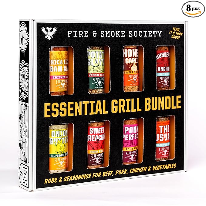 Fire & Smoke Society Essential Grill Variety Pack | BBQ Rubs and Seasonings, Grilling Gifts for Fathers Day, Mens Gifts | Steak Seasoning, Chicken, Burgers, Pulled Pork | Large Spices Set (8-Pack)