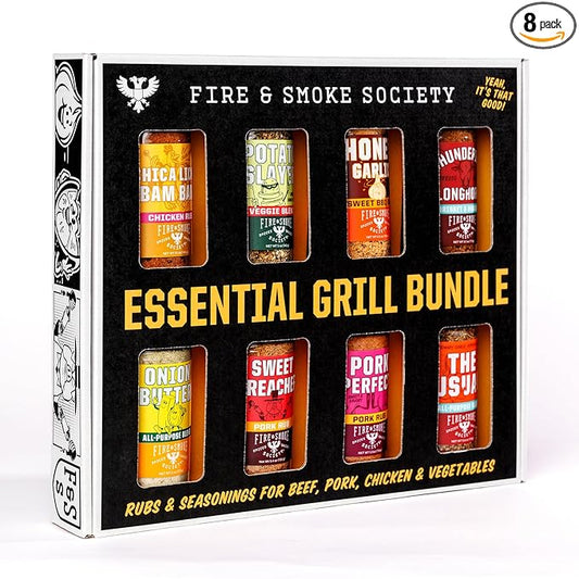 Fire & Smoke Society Essential Grill Variety Pack | BBQ Rubs and Seasonings, Grilling Gifts for Fathers Day, Mens Gifts | Steak Seasoning, Chicken, Burgers, Pulled Pork | Large Spices Set (8-Pack)