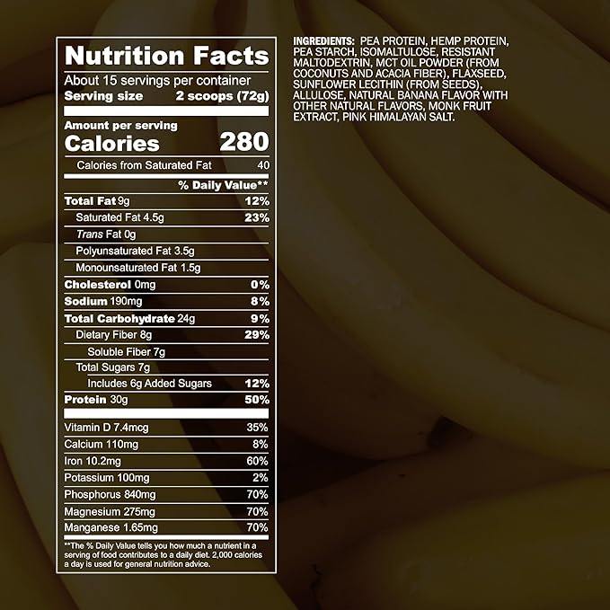 Blueprint by Bryan Johnson Vegan Protein Meal Replacement ??Plant Based Hemp Protein with 27g Protein Per Serving ??Low Calorie, Flavored Protein for Women & Men ??Dairy Free ??15 Servings - Banana