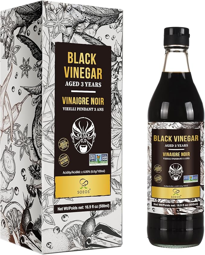 Soeos Chinkiang Vinegar 16.9 fl oz (500ml), 3 Years Aged, Naturally Fermented, Mature Aged Black Vinegar, Chinese Black Vinegar, Zhenjiang Vinegar, Black Rice Vinegar, Black Vinegar Chinese.