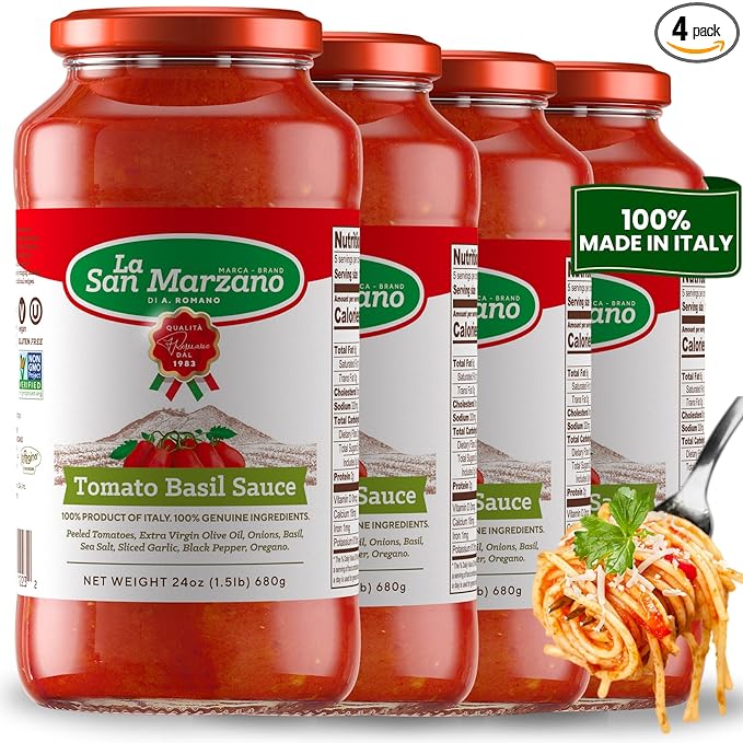 La San Marzano Tomato Basil Sauce, 24 oz, Pasta Sauce Made in Italy, All Purpose Tomato Premium Quality, All Natural, Mediterranean Diet, Non GMO, Vegan, Gluten Free