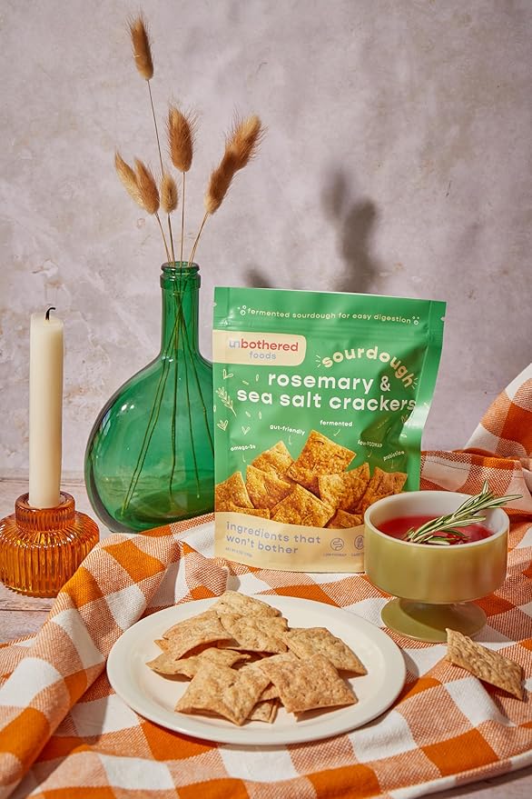 Unbothered Foods Rosemary & Sea Salt Sourdough Crackers - Gut-Friendly & Easy to Digest, Non-GMO, No Added Sugar, Nut-Free, Perfect for Cheese & Snacks, 100% Naturally Fermented (3-pack)