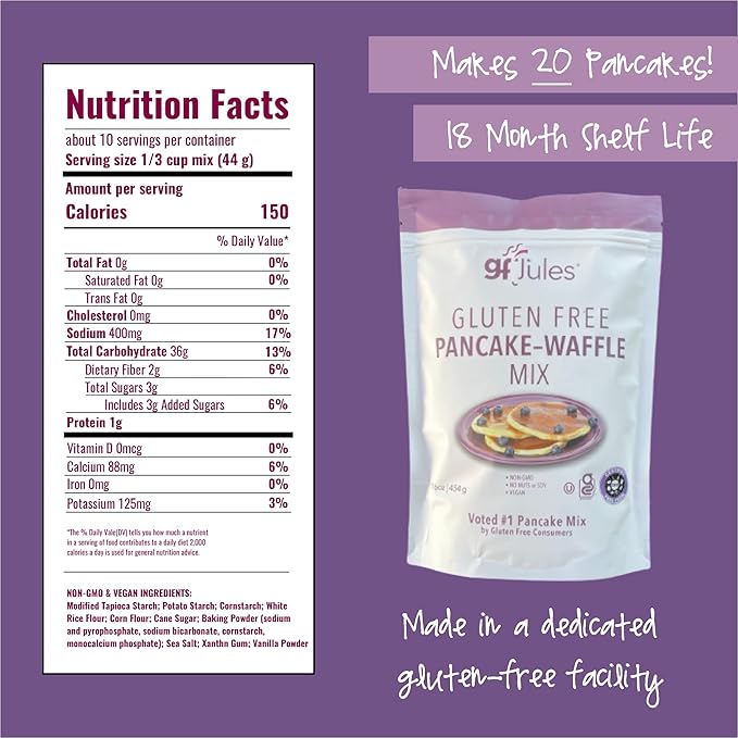 gfJules Certified Gluten Free Pancake & Waffle Mix | No Grit, Non-GMO, Vegan | Certified Top 9 Allergen-Free & Kosher | Voted #1 by Gluten Free & Celiac Consumers | 16 Ounces, Pack of 12