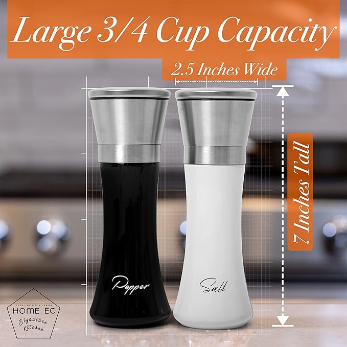 HOME EC Stainless Steel Salt and Pepper Grinder Set of 2 - Adjustable Ceramic Sea Salt Grinder & Pepper Grinder - Glass Salt and Pepper Shakers - Pepper Mill & Salt Mill W/Funnel - Black and White
