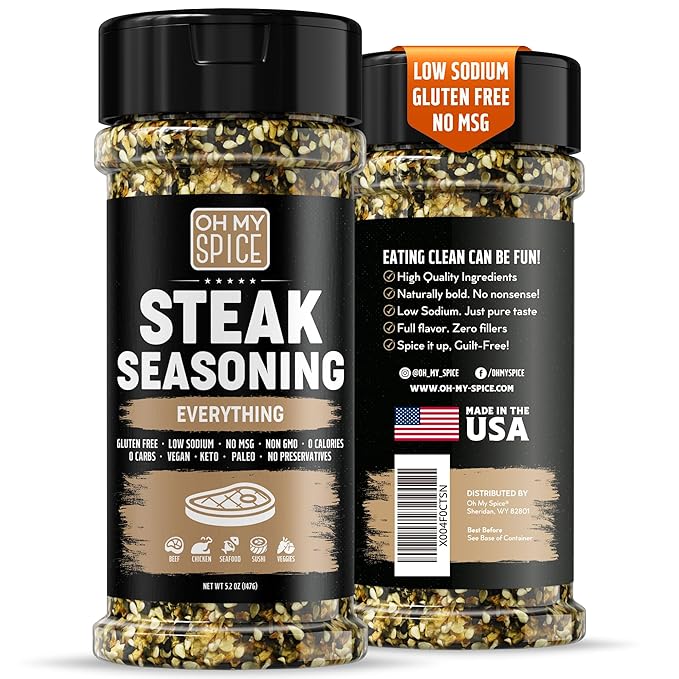Steak Seasoning Everything Bagel Seasoning Mix - Gluten Free & Low Sodium Meat Seasonings Beef, NY Strip, BBQ & Ribeye. Sesame Seeds Blend Steak Seasonings for Grilling. Steaks Salt. Steaks Rub. 5.2oz