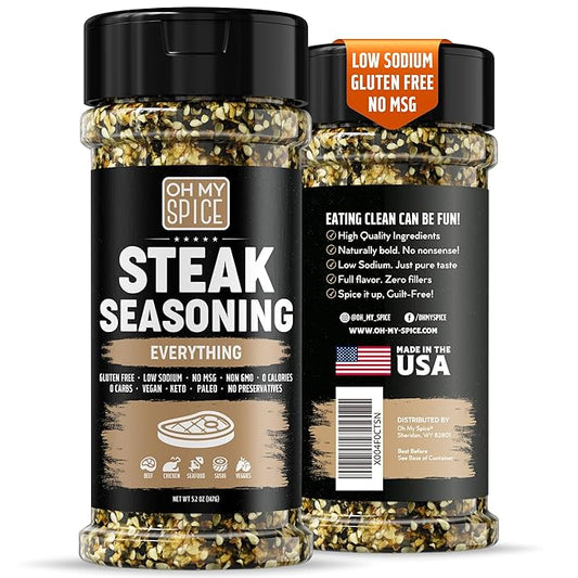 Steak Seasoning Everything Bagel Seasoning Mix - Gluten Free & Low Sodium Meat Seasonings Beef, NY Strip, BBQ & Ribeye. Sesame Seeds Blend Steak Seasonings for Grilling. Steaks Salt. Steaks Rub. 5.2oz