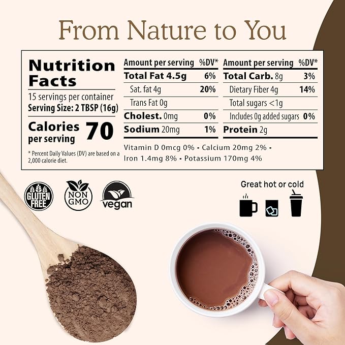 Real Mushrooms Unsweetened Hot Chocolate Mix with 5 Defenders ??Reishi, Chaga, Turkey Tail, Maitake, Shiitake ??Coco Powdered Unsweetened ??Organic Cacao Powder Supplement, Vegan, 15 Servings