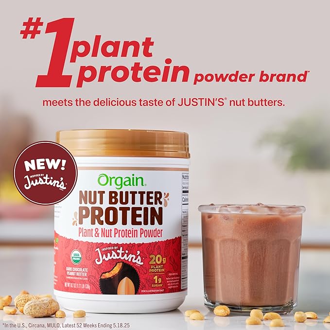 Orgain X Justin's 짰 Organic Vegan Nut Butter Protein Powder, Chocolate Peanut Butter- 20g Plant Protein, 1g Sugar, Gluten Free, No Dairy, Soy Ingredients, or Artificial Flavors, 1.17 lb