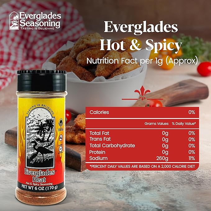 Everglades Heat Seasoning Spicy Blend for Chicken Wings, Chili, Fish & Fries, Add Zest with Red Pepper Heat Made in the USA 6 oz
