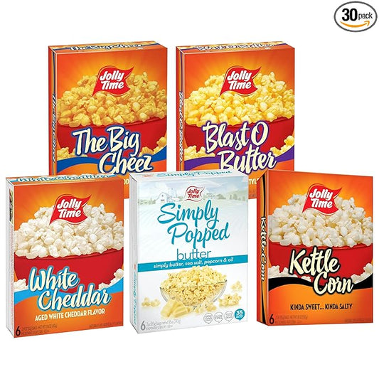 Jolly Time Microwave Popcorn Variety Pack, 6 Sharing Size Bags Per Carton, Blast O Butter, The Big Cheez, Kettle Corn, White Cheddar, and Simply Popped Butter