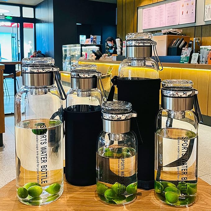2L Glass Water Bottle with Strap Outdoor Travel Sports Portable Leak Proof Beverage Tea Glass Bottle (Glass,2000ml)