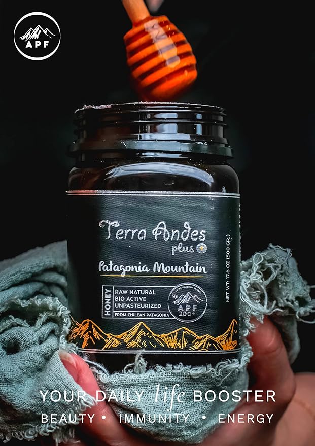 Patagonia Mountain Honey APF 100+ by TERRA ANDES PLUS | Raw natural organic honey. Highest bioactive grade. Made in Chilean Patagonia. 100% pure. NON Gmo. Awarded worldwide. Unfiltered Honey, 17.6 oz