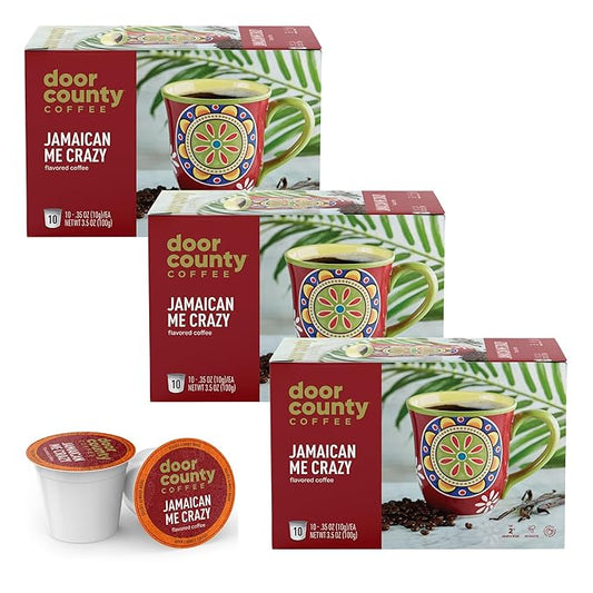 Door County Coffee Jamaican Me Crazyì§?- Medium Roast Rum & Vanilla Flavored Ground Coffee, Single Serve Cups