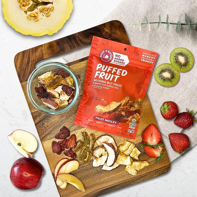 Made In Nature Organic Puffed Fruit Medley, 1.2 Ounce (Pack of 6) ??Fruit Variety Pack, Vegan Snack, Non-GMO, Gluten Free