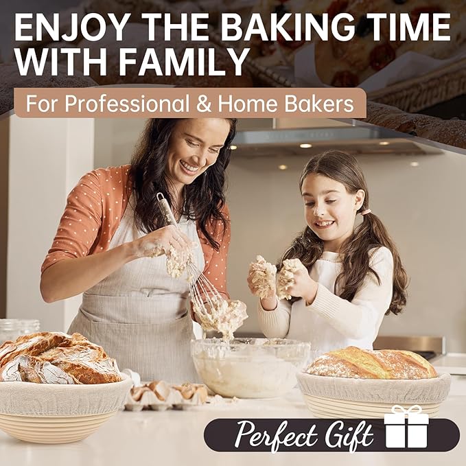 Banneton Bread Proofing Basket, 9" Round & 10" Oval Sourdough Bread Baking Supplies, Bread Making Supplies Tools, with Bread Lame, Danish Whish, Bowl Scraper, Sourdough Scraper, and Linen Liners