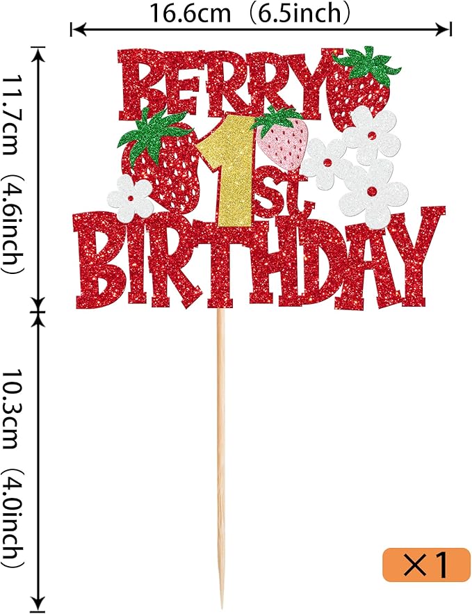 1 Pack Berry 1st Birthday Cake Topper Red Glitter Flower Strawberry Frist Birthday Cake Pick for Fruit Strawberry One Theme Baby Shower Kids Birthday Party Strawberry Party Cake Decorations Supplies