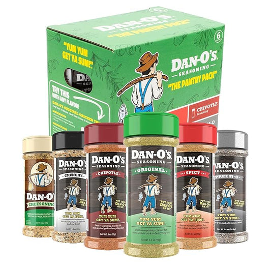 Dan-O's 6 Bottle Seasoning Set, Small Bottles, 6 Pack, Includes Original, Spicy, Chipotle, Crunchy, Cheesoning and Preem-O Seasonings, Sugar Free, Zero Calorie, All-Purpose Seasoning Kit