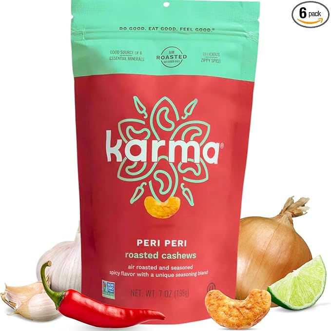 Peri Peri Air Roasted Whole Cashews by Karma Nuts, Savory, Spicy, Peanut-Free Facility, Kosher, Everyday Nut Snack, 7oz Resealable Bag - 6 pack