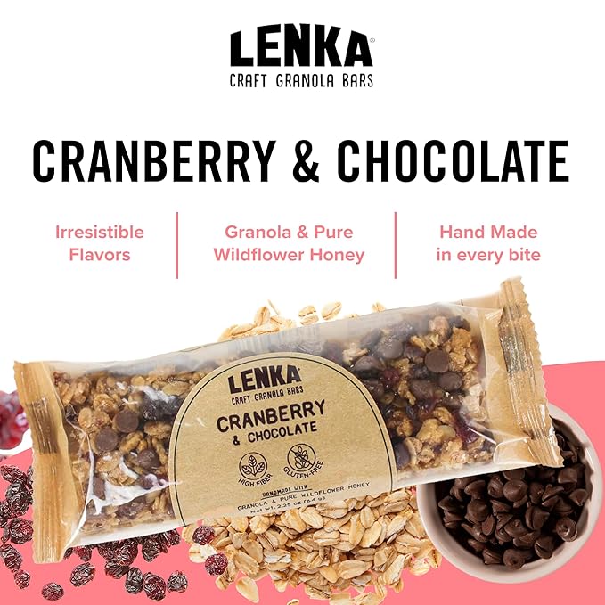 Lenka Bars - Cranberry Chocolate Snack Bars, Gluten Free, High Fiber, Kosher, Wholesome, No Artificial Flavors, Individually Wrapped - 12 Pack
