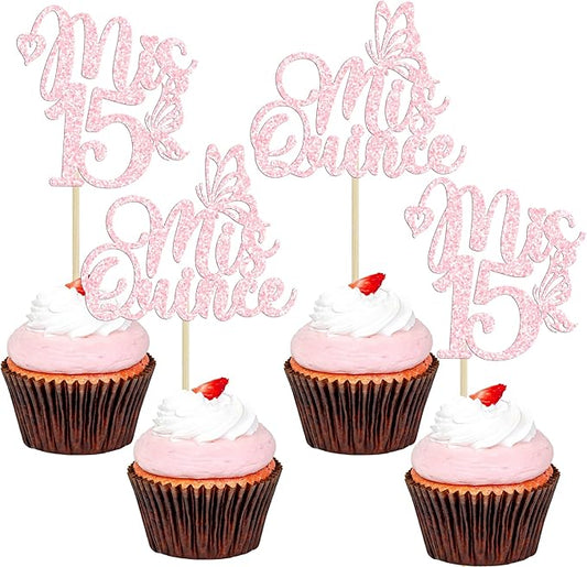 Gyufise 24Pcs Mis Quince 15 Cupcake Toppers Glitter 15th Birthday Cake Toppers Fifteen Dessert Decor Cheers to 15 Years Party Decorations Light Pink