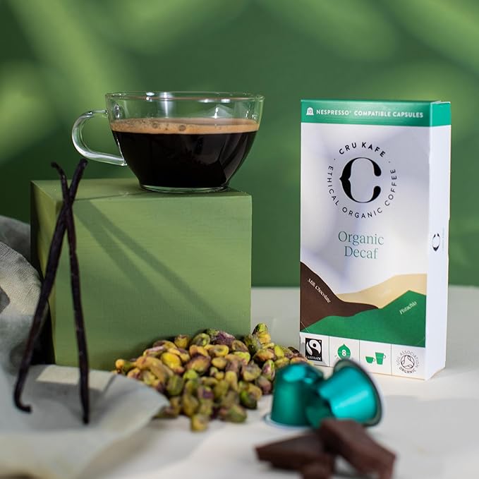 Cru Kafe Decaf USDA Organic Espresso Coffee Capsules (50 Pods) Fairtrade Coffee Pods Compatible with Nespresso Original Line and Pixie Machines