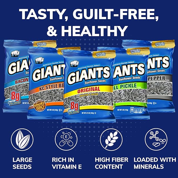 GIANTS Sunflower Seeds Variety Pack - Flavored Sunflower Seeds to Eat, Sunflower Seeds Bulk, Dill Pickle, Bacon Ranch, Salt & Pepper, Original, BBQ, High Protein Snack - 5 oz Bags (5 Pack)