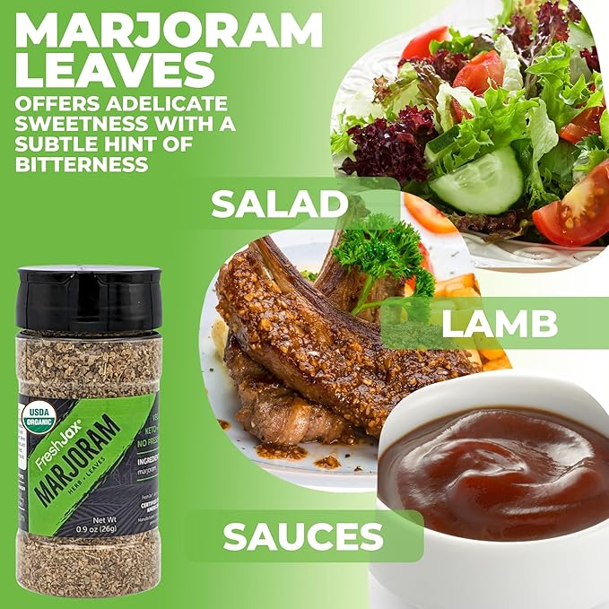 FreshJax Organic Marjoram Leaves (Large Bottle) Non GMO, Gluten Free, Keto, Paleo, No Preservatives Dried Marjoram | Organic Herbs Spices Handcrafted in Jacksonville, Florida