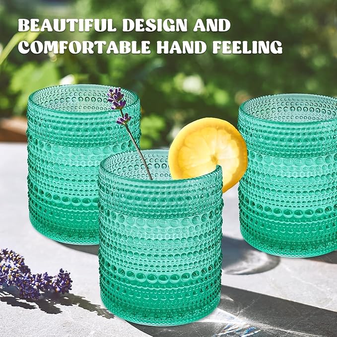 Set of 4 Vintage 12 oz Crystal Glasses, Old Fashioned Glass Cups for Water, Juice, Coffee, and Beer (Aqua Blue)