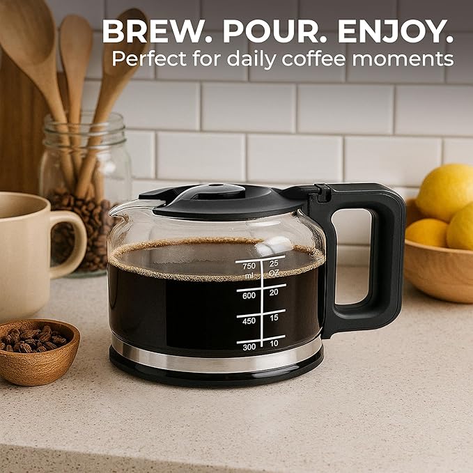 Kaffe Universal Replacement Coffee Carafe - 5 Cup Glass Pot for Drip Coffee Makers - Glass, Easy-Grip Handle, Sneak-A-Cup Compatible - Capacity Markings, Dishwasher Safe