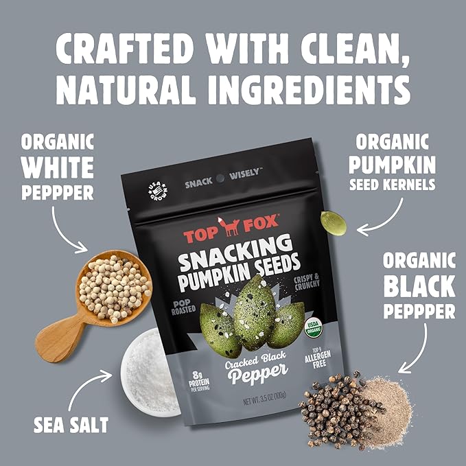 Top Fox Snacks - Organic Pop-Roasted Pumpkin Seeds | Healthy Protein Snacks - Gluten Free - Keto and Vegan Friendly (Salt & Pepper, 3.5 oz - 2 Pack)