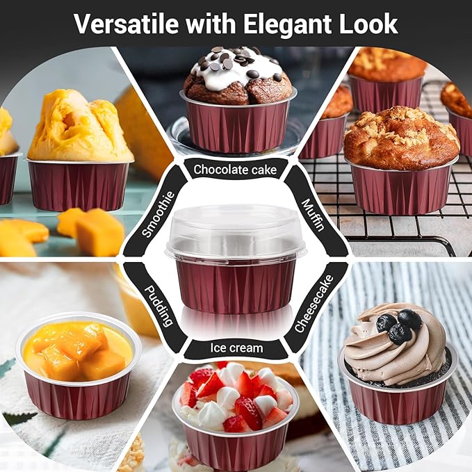 EUSOAR Disposable Creme Brulee Ramekins, 30pcs 5oz Disposable Aluminum Foil Cupcake Liners Ramekins Baking Cups, Dessert Cups with Lids Mini Aluminum Cheesecake Bundt Cake Pan-Wine Red