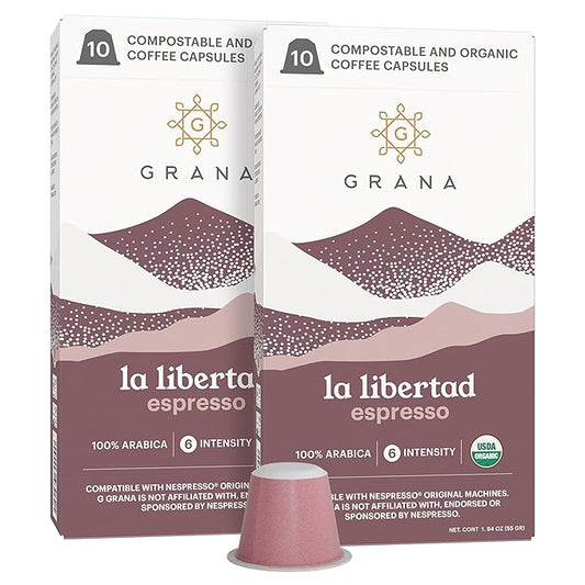 G GRANA Coffee Pods, Compatible with Nespresso OriginalLine, 20 Pack, Medium-Dark Roast, USDA Organic 100% Arabica Single Source Specialty Coffee, Compostable Single Serve Capsules, La Libertad