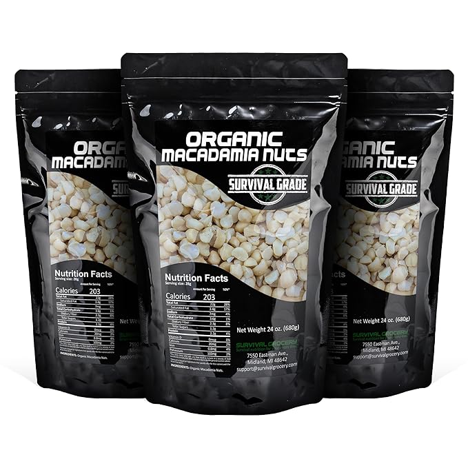 Survival Grocery® Organic Macadamia Nuts – Keto-Friendly Healthy Fats & Plant Protein, Oxygen- & Light-Barrier Packaging + O₂ & Moisture Packs, (Single or Multi-Pack Savings) (72 oz./3 Bags)