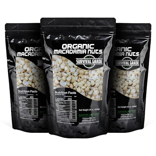 Survival Grocery® Organic Macadamia Nuts – Keto-Friendly Healthy Fats & Plant Protein, Oxygen- & Light-Barrier Packaging + O₂ & Moisture Packs, (Single or Multi-Pack Savings) (72 oz./3 Bags)