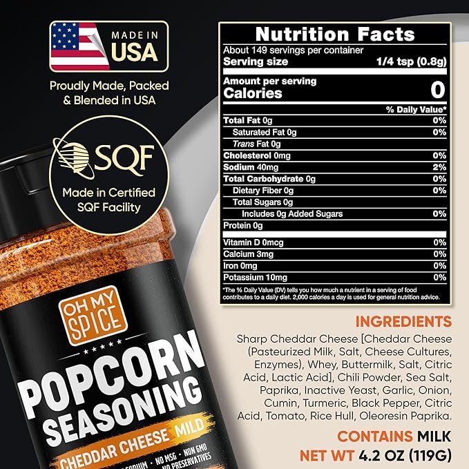 Popcorn Seasoning Cheddar Cheese Powder Mix - Gluten Free & Low Sodium Mild Nacho Cheese Powder Flavor Popcorn Flavoring Seasoning. Movie Theater Pop Corn Topping. Spicy Pop Corn Salt Seasonings 4.2oz