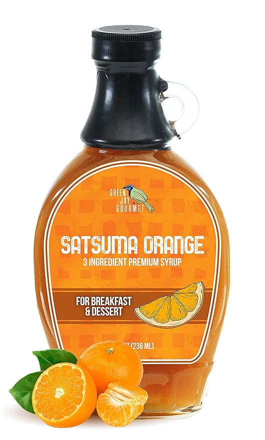 Green Jay Gourmet Satsuma Orange Syrup - 3 Ingredient Premium Breakfast Syrup with Fresh Orange, Cane Sugar & Lemon Juice - All-Natural, Non-GMO Pancake Syrup, Waffle Syrup & Dessert Syrup - 8 Ounces