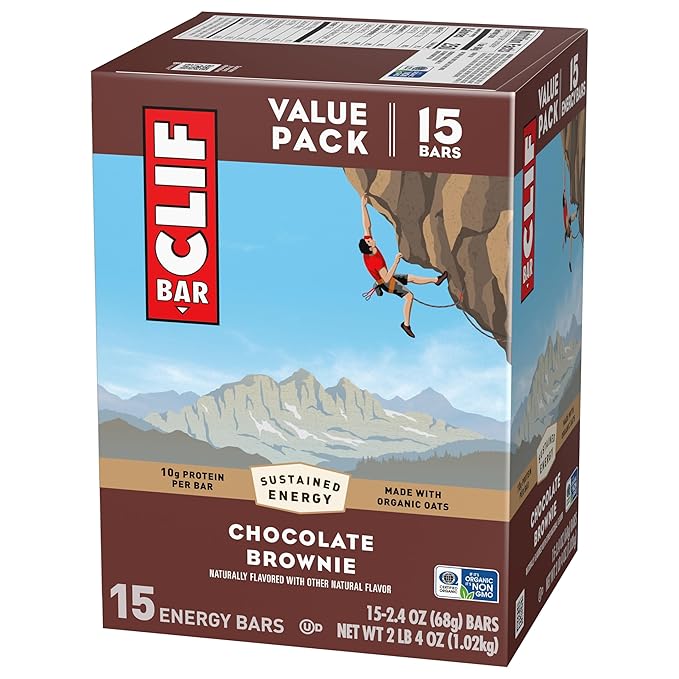 CLIF BAR - Chocolate Brownie Flavor - Made with Organic Oats - Energy Bars - Non-GMO - Plant Based Protein Bars (15 Pack)