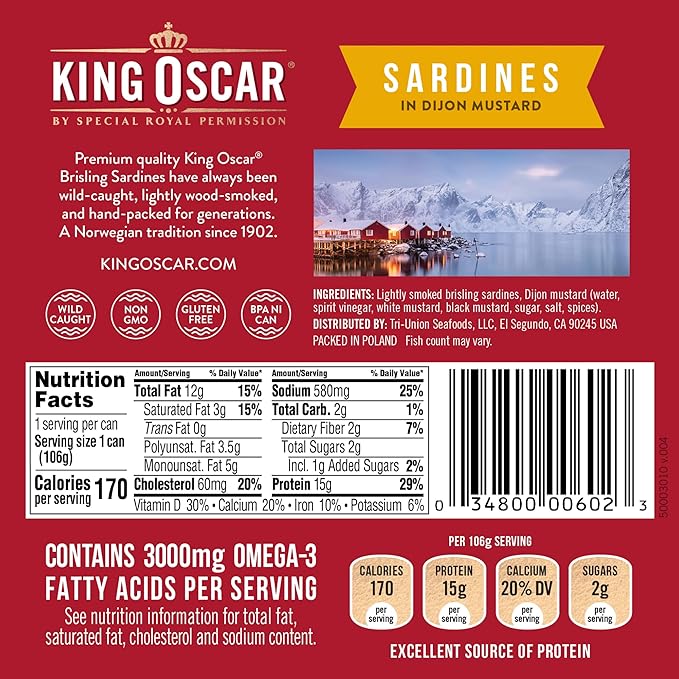 King Oscar Premium Sardines in Dijon Mustard, 3.75 Ounce Cans (Pack of 12), Wild Caught Canned