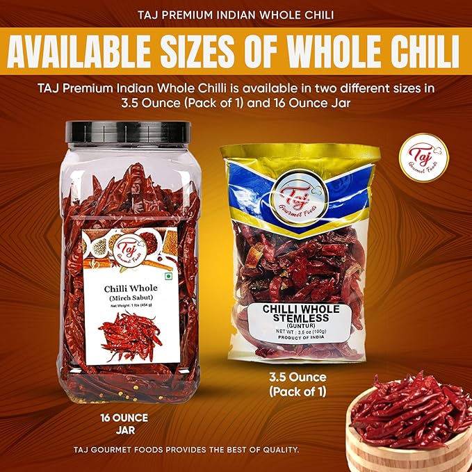 TAJ Premium Indian Whole Chilli (Whole Mirchi, without stem), (3.5 Ounce)