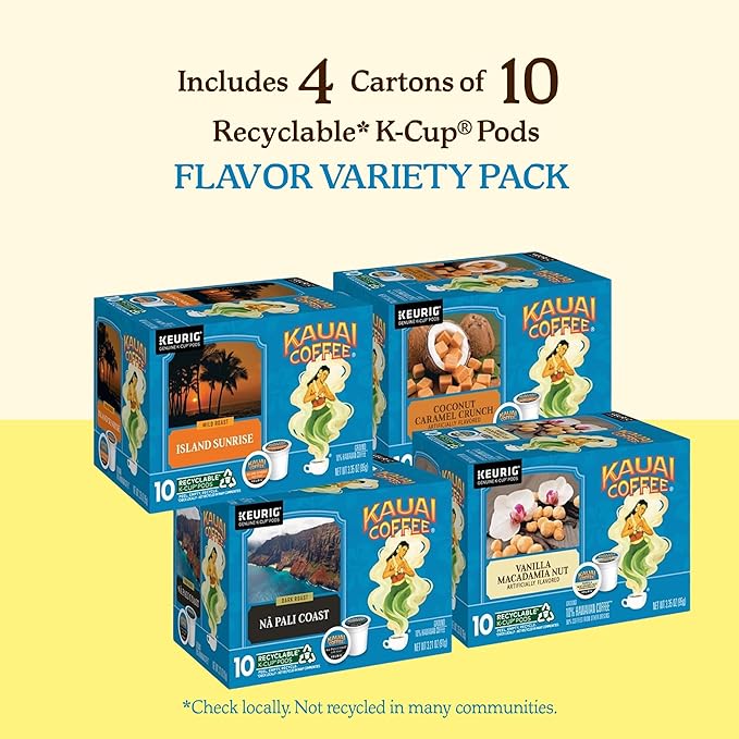 Kauai Coffee K-Cup Pods for Keurig Brewers – Arabica Coffee, 10% Hawaiian – Mild, Medium and Dark Roast, Rich, Smooth, No Bitterness – Four Flavors, 4 Packs of 10 Single Serve K-Cups