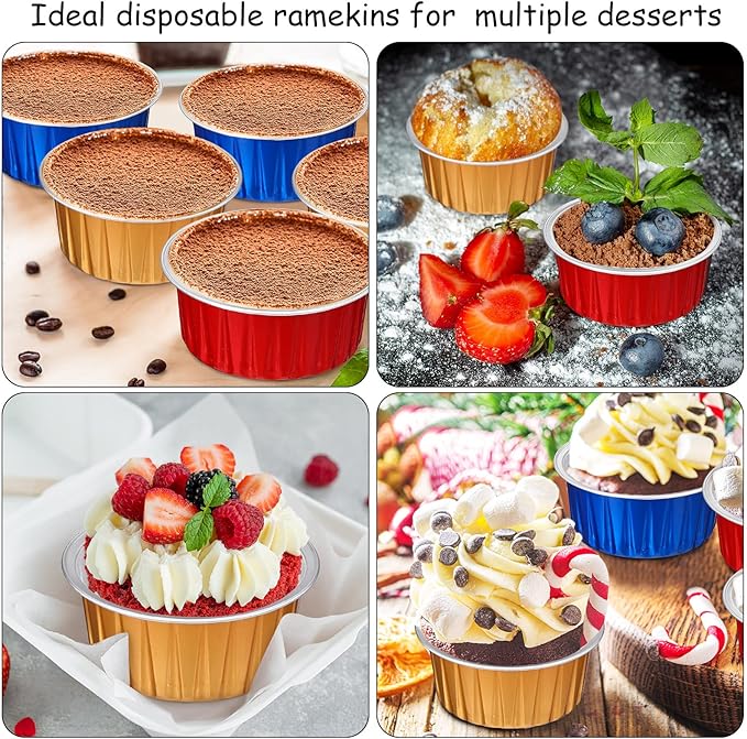 150 Pcs Cupcake Liners with Lids 5 oz Aluminum Foil Cupcake Baking Cups Disposable Ramekins Muffin Cups Mini Aluminum Pans with Lids Holder for Creme Brulee(Gold, Red, Royal Blue)