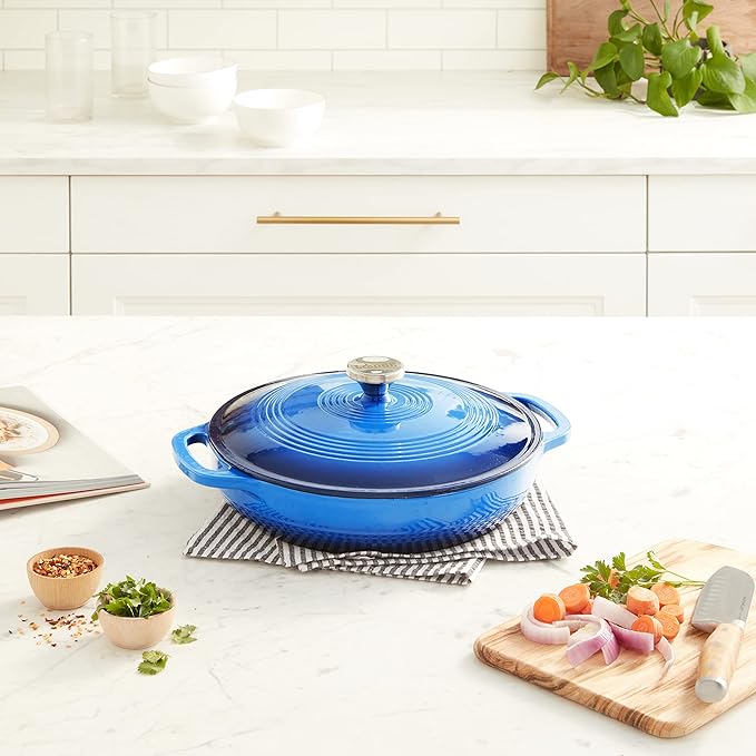 Lodge 3.6 Quart Enameled Cast Iron Oval Casserole With Lid ??Dual Handles ??Oven Safe up to 500ì§?F or on Stovetop - Use to Marinate, Cook, Bake, Refrigerate and Serve ??Caribbean Blue