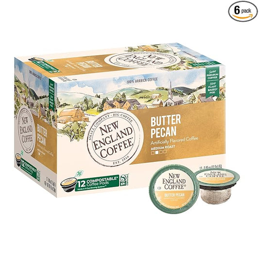 New England Coffee Butter Pecan Medium Roast Single Serve Pods, 12ct Box (Pack of 6)