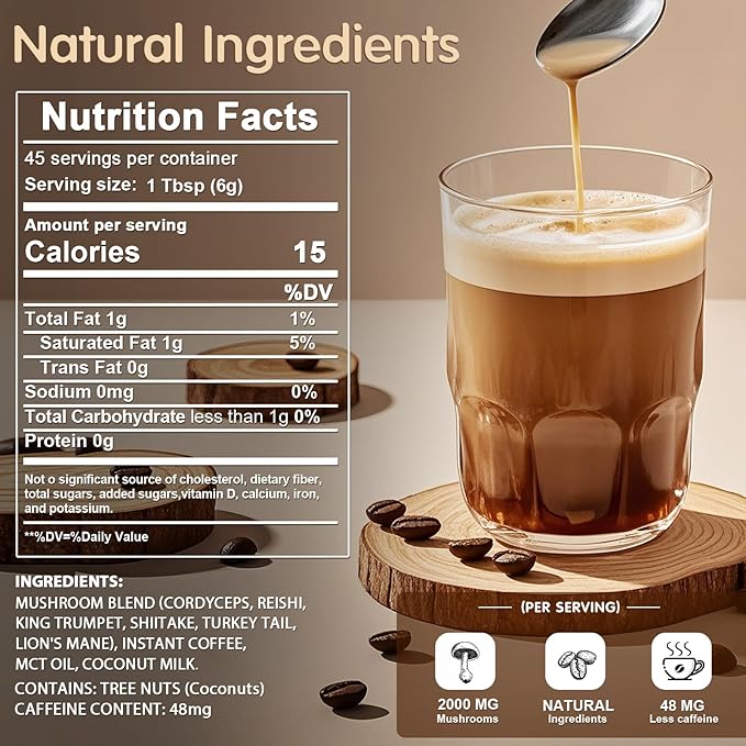Mushroom Coffee, 6 Adaptogenic Mushrooms with Lion's Mane, Cordyceps, Turkey Tail & More, Instant Mushroom Coffee for Focus, Energy, Immune & Digestion Support