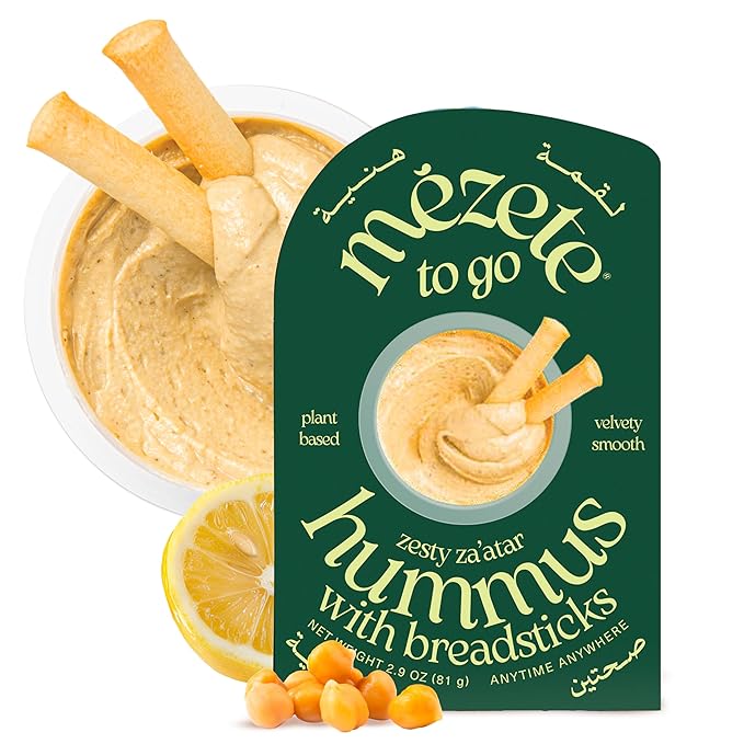 Mezete Hummus Dip with Breadsticks | Zesty Za'atar | Authentic Middle Eastern | All Natural Dips and Spreads | Flavorful Tahini Rich Vegan Dip | Halal | Free from Preservatives | 81g