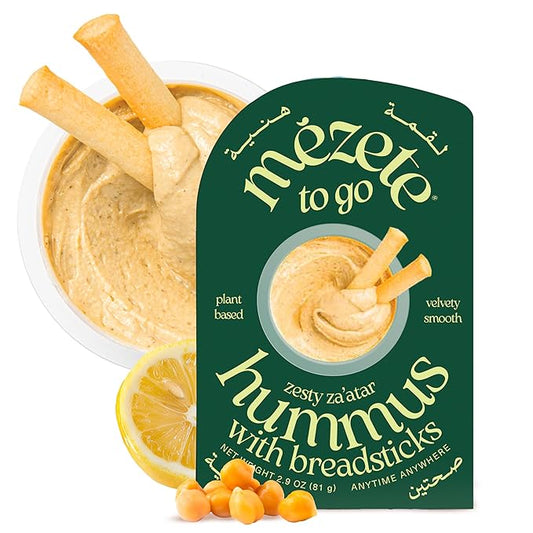 Mezete Hummus Dip with Breadsticks | Zesty Za'atar | Authentic Middle Eastern | All Natural Dips and Spreads | Flavorful Tahini Rich Vegan Dip | Halal | Free from Preservatives | 81g